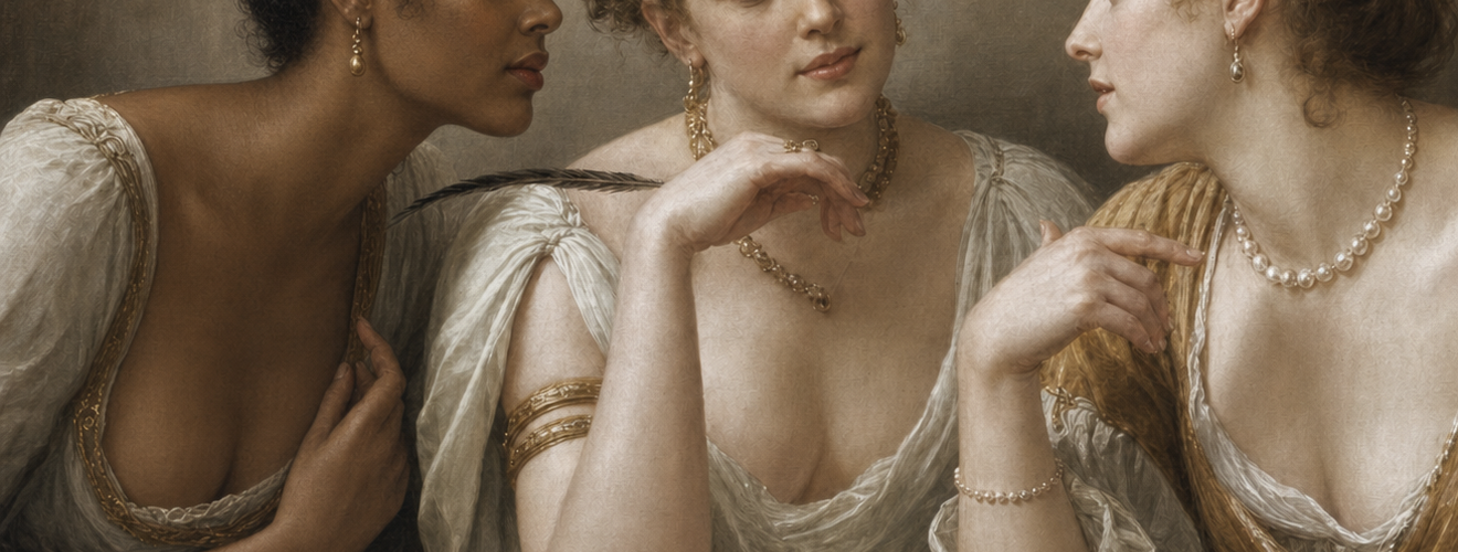 Drie vrouwen in gesprek in historische schilderstijl