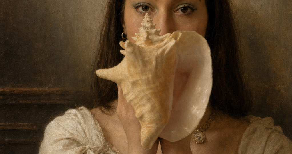 Vrouw houdt een grote schelp voor haar gezicht in historische schilderstijl