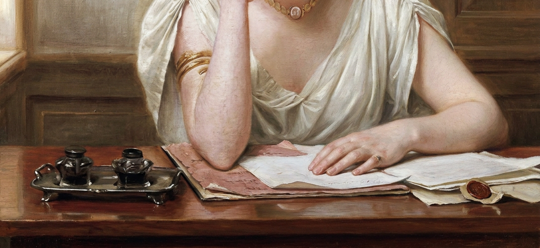 Vrouw leest brieven aan een schrijftafel in historische schilderstijl