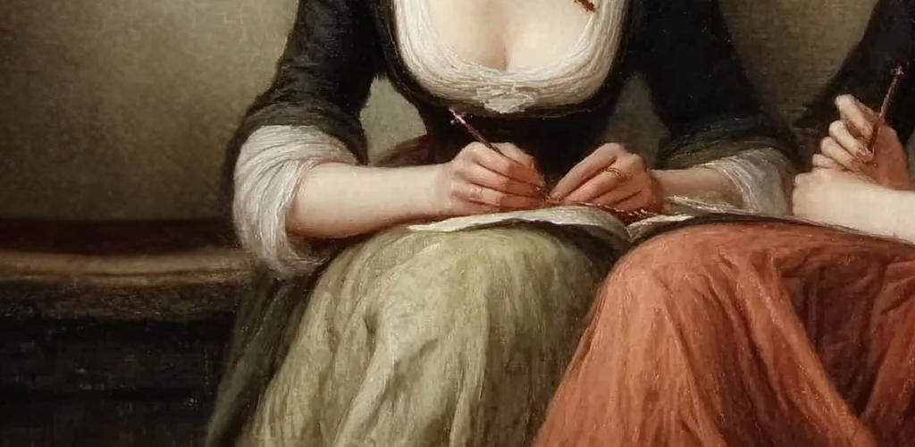 Twee vrouwen schrijven samen in historische schilderstijl