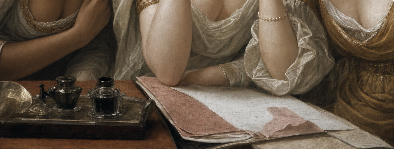 Drie vrouwen rond een open boek in historische schilderstijl