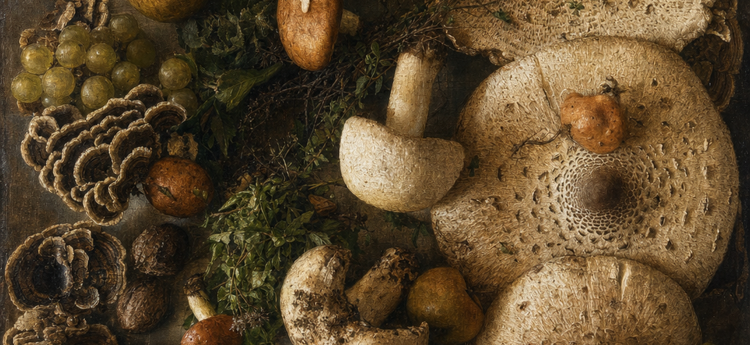 Stilleven met paddenstoelen, fruit en kruiden in historische schilderstijl